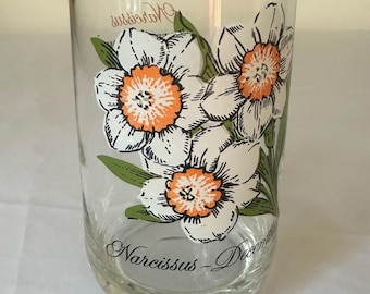 Vintage Brockway glas uit de jaren 70 met de afbeelding van de bloem van de maand: december/narcis