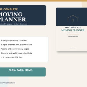 Könnte beinhalten: Ein digitaler Umzugsplaner mit dunkelblauem Header und cremefarbenem Hintergrund. Der Text lautet THE COMPLETE MOVING PLANNER, 28 printable pages und PLAN. PACK. MOVE. Enthält Checklisten für Zeitpläne, Budgets, Inventar und Reinigung in A4 und US Letter.