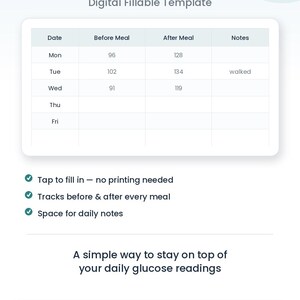 May include: A 7-day glucose reading log digital fillable template featuring a table with columns for date, before meal, after meal, and notes. The text includes 'Tap to fill in - no printing needed', 'Tracks before & after every meal', and 'Space for daily notes'.