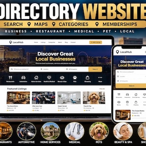 May include: A laptop and smartphone displaying a directory website titled LocalHub, featuring search bars, category icons, and featured business listings. A vertical list of features includes Advanced Search, Location Maps, and User Accounts.