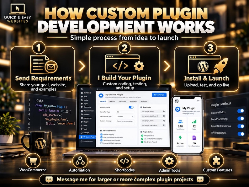 May include: An infographic titled HOW CUSTOM PLUGIN DEVELOPMENT WORKS detailing a three-step process: Send Requirements, I Build Your Plugin, and Install & Launch. It features a laptop and smartphone displaying WordPress plugin settings.