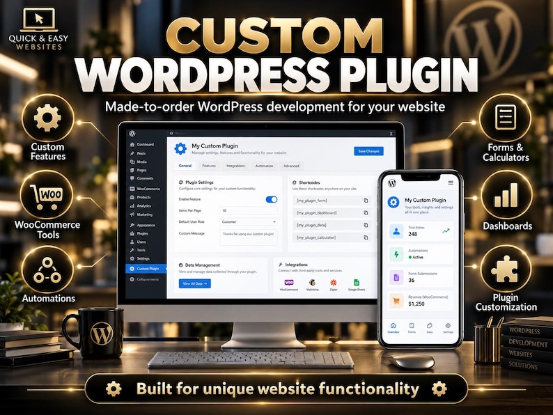 May include: A computer monitor and smartphone displaying a custom WordPress plugin interface. Text includes CUSTOM WORDPRESS PLUGIN, Made-to-order WordPress development for your website, and Built for unique website functionality.