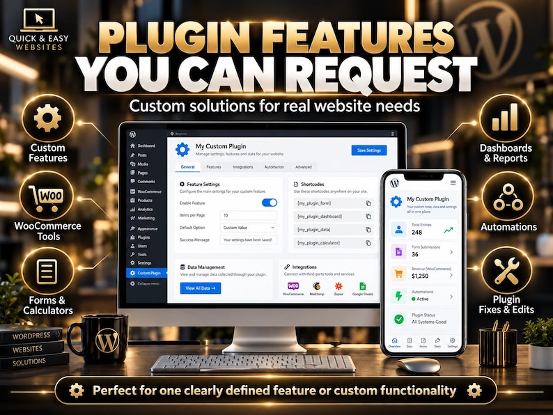 May include: A computer monitor and smartphone displaying a WordPress plugin dashboard with text reading PLUGIN FEATURES YOU CAN REQUEST, Custom solutions for real website needs, and Perfect for one clearly defined feature or custom functionality.