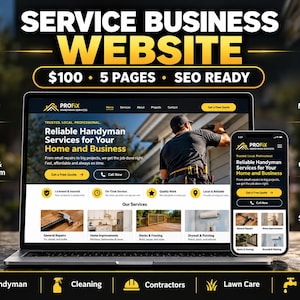 May include: A laptop and smartphone displaying a ProFix Handyman Services website. The screen shows text including Reliable Handyman Services for Your Home and Business, with icons for local SEO, contact forms, and mobile-friendly design.