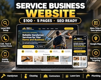 Könnte beinhalten: Ein Laptop und ein Smartphone zeigen die Website von ProFix Handyman Services. Auf dem Bildschirm ist der Text Reliable Handyman Services for Your Home and Business sowie Symbole für lokales SEO und Kontaktformulare zu sehen.