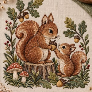 Può includere: Un ricamo su tessuto chiaro raffigurante due scoiattoli marroni su un tronco d'albero. Uno scoiattolo tiene una ghianda, mentre l'altro cerca di prenderla. La scena include foglie di quercia verdi, ghiande, bacche rosse e due funghi.