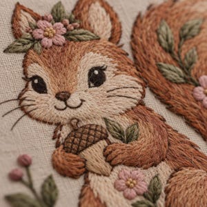 Peut inclure: Une broderie sur tissu clair représentant un écureuil brun au poitrail crème. L'écureuil porte des fleurs roses sur la tête et la queue, et tient un gland brun. Des feuilles vertes sont brodées autour des fleurs et de l'écureuil.