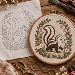 May include: A round wooden embroidery hoop containing a finished skunk design stitched on beige fabric, surrounded by a floral wreath. Beside it lies a paper pattern of the same skunk design, vintage-style metal scissors, and embroidery floss.