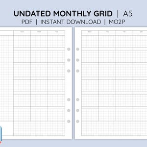 Puede incluir: Un inserto de planificador mensual con cuadrícula sin fecha en formato A5 con dos páginas, fondo blanco, líneas negras y encabezados de columna para los días de la semana. El texto dice UNDATED MONTHLY GRID | A5 PDF | INSTANT DOWNLOAD | MO2P y PAPER STORM.