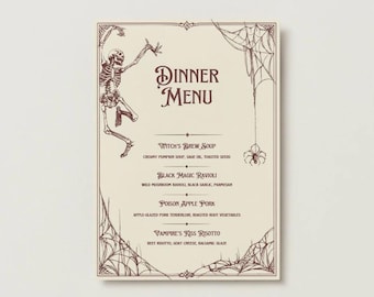 Könnte beinhalten: Ein rechteckiges Abendmenü auf cremefarbenem Papier mit dunkelbrauner Tinte. Das Design zeigt ein tanzendes Skelett, Spinnennetze und eine Spinne. Der Text lautet: DINNER MENU, Witch's Brew Soup, Black Magic Ravioli, Poison Apple Pork, Vampire's Kiss Risotto.