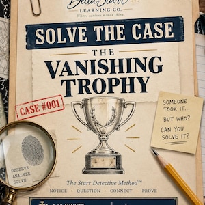 Op de afbeelding: Een beige dossiermap met de titel Solve the Case: The Vanishing Trophy van Bella Starr Learning Co. voor groep 5-7. Het bevat een illustratie van een trofee, een vergrootglas over een vingerafdruk, een geel briefje en een potlood op hout.