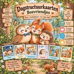 Puede incluir: Un conjunto de 29 tarjetas de rutina diaria tituladas Dagstructuurkaarten Bosvriendjes con ilustraciones de un búho, una ardilla y un erizo. Las tarjetas muestran actividades como dormir, levantarse, lavarse los dientes, ducharse, jugar y comer fruta.
