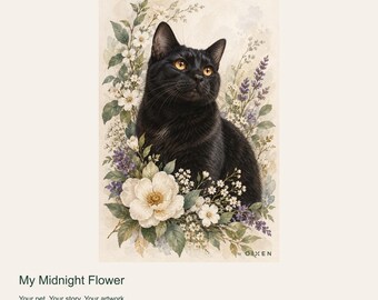 Portrait de chat personnalisé d'après photo, Ma Fleur de Minuit, Aquarelle florale numérique