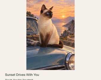 Portrait de chat personnalisé d'après photo, balades au coucher du soleil, art numérique vintage de road trip