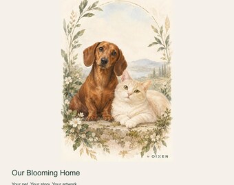 Custom Pet Portrait from Photo, Our Blooming Home, Soft Botanical Digital Art