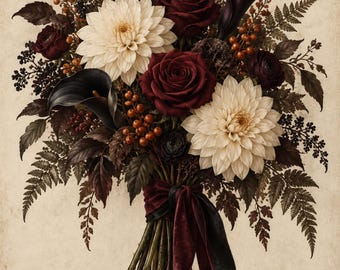 Gothic October Bouquet, Halloween Wall Art, Printable Digital Download