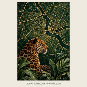 Könnte beinhalten: Ein digitaler Kunstdruck mit einem Leoparden im Profil, der vor einem dunkelgrünen und goldenen Stadtplan mit einem gewundenen Fluss positioniert ist. Große grüne tropische Blätter rahmen den unteren Teil des Bildes ein. Der Text OIXEN ist unten rechts sichtbar.