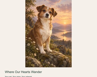 Custom Dog Portrait from Photo, Where Our Hearts Wander, Meadow Sunset Digital Art