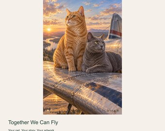 Portrait personnalisé d'animal de compagnie à partir d'une photo, Ensemble nous pouvons voler, art numérique vintage sur l'aviation