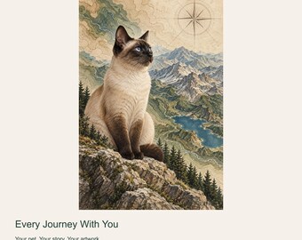 Custom Cat Portrait from Photo, Every Journey With You, Vintage Cartography Digital Art