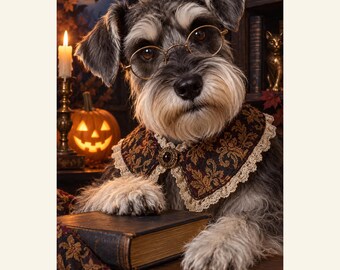 Custom Halloween Pet Portrait from Photo, The Enchanted Librarian, Personalized Digital Art