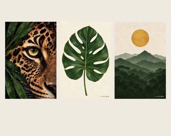 Jaguar Gallery Wall Set of 3, Botanical Leaf and Green Mountain Printable Art