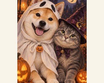 Custom Halloween Pet Portrait from Photo, The Ghost and the Witch, Personalized Digital Art