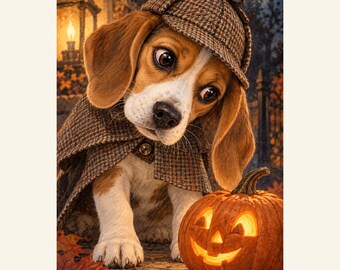 Custom Halloween Pet Portrait from Photo, Pumpkin Detective, Personalized Digital Art
