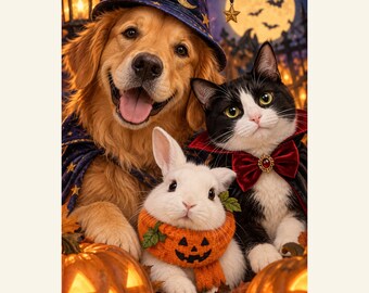 Custom Halloween Pet Portrait from Photo, Trio of Mischief, Personalized Digital Art