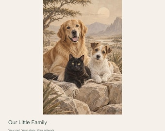 Custom Pet Portrait from Photo, Our Little Family, Neutral Safari Digital Art