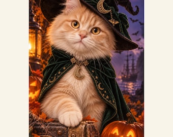 Custom Halloween Pet Portrait from Photo, The Golden-Eyed Witch, Personalized Digital Art