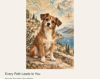 Custom Dog Portrait from Photo, Every Path Leads to You, Vintage Map Digital Art