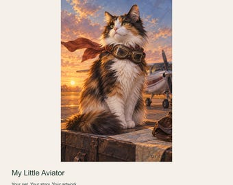 Portrait de chat personnalisé d'après photo, Mon petit aviateur, Portrait d'aviateur art numérique