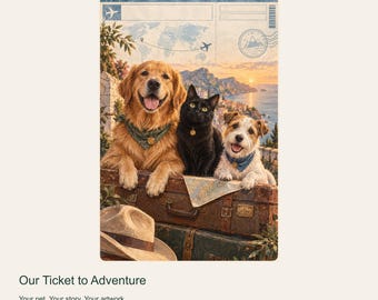 Portrait personnalisé de votre animal de compagnie à partir d'une photo, notre billet pour l'aventure, carte postale de voyage, art numérique