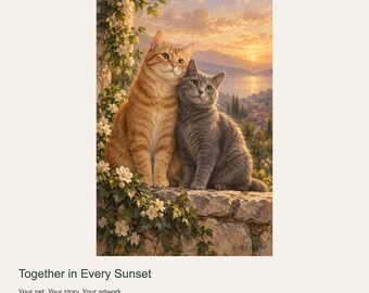 Custom Pet Portrait from Photo, Together in Every Sunset, Floral Sunset Digital Art
