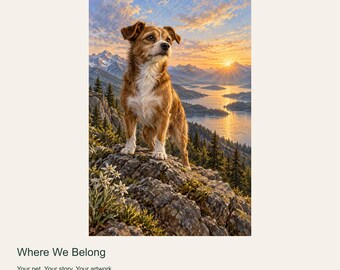 Portrait de chien personnalisé à partir d'une photo, Là où nous appartenons, Coucher de soleil en montagne (art numérique)