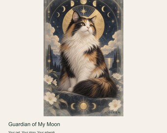 Custom Cat Portrait from Photo, Guardian of My Moon, Celestial Botanical Digital Art