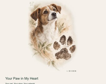 Portrait de chien personnalisé d'après photo, Ta patte dans mon cœur, Art numérique botanique de patte