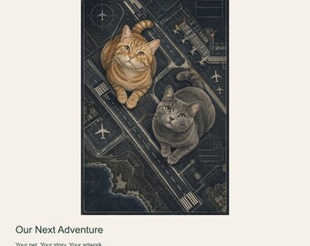 Custom Pet Portrait from Photo, Our Next Adventure, Travel Blueprint Digital Art