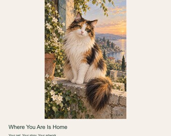 Custom Cat Portrait from Photo, Where You Are Is Home, Mediterranean Home Digital Art