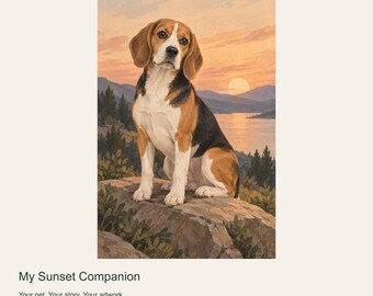 Custom Dog Portrait from Photo, My Sunset Companion, Vintage Mountain Digital Art