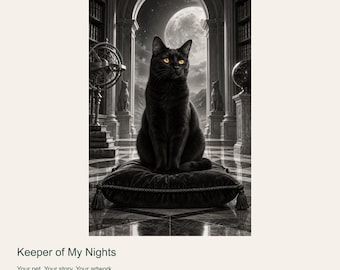 Custom Cat Portrait from Photo, Keeper of My Nights, Monochrome Moonlight Digital Art
