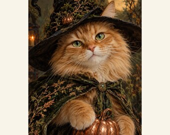 Custom Halloween Pet Portrait from Photo, Emerald-Eyed Witch, Personalized Digital Art