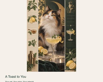 Portrait de chat personnalisé d'après photo, Un toast à votre santé, Illustration numérique de cocktail botanique