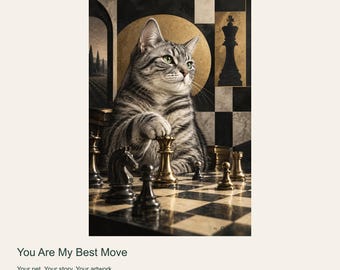 Portrait de chat personnalisé d'après photo, « Tu es mon meilleur coup », art numérique vintage d'échecs