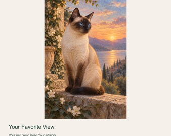 Custom Cat Portrait from Photo, Your Favorite View, Mediterranean Terrace Digital Art