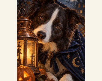 Custom Halloween Pet Portrait from Photo, Keeper of the Lantern, Personalized Digital Art