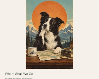 Custom Dog Portrait from Photo, Where Shall We Go, Retro Adventure Digital Art