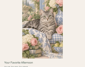 Custom Cat Portrait from Photo, Your Favorite Afternoon, Floral Cottage Digital Art