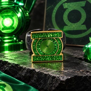 May include: A ring featuring a square-shaped emblem with a gold-toned border and a textured, bright green center. The emblem displays a circular green symbol with concentric rings. The band of the ring is dark, matte, and textured.